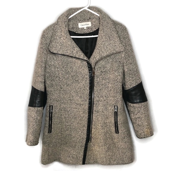 CALVIN KLEIN Faux Leather Trim Boucle Coat Medium - Picture 2 of 11